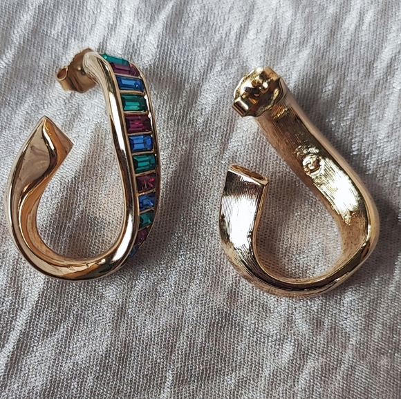 Swarovski Signed Baguette Multi Color Rhinestone Curled Gold Tone Hoop Earrings - Picture 9 of 12